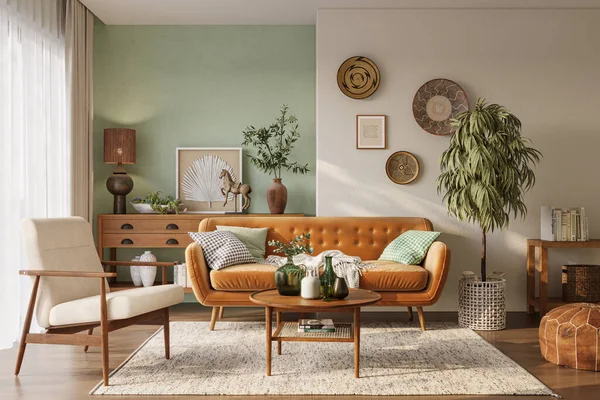 Orange sofa in cozy living room interior with pastel green wall and wood furniture. Wall mockup, 3d rendering