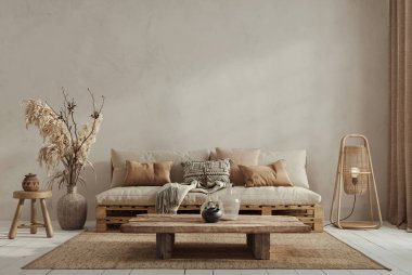 Wabi Sabi tarzı iç dekorasyon. Arka planda kireç boyası var. Duvar maketi, 3D görüntüleme 