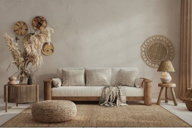 Wabi Sabi tarzı iç dekorasyon. Arka planda kireç boyası var. Duvar maketi, 3D görüntüleme 
