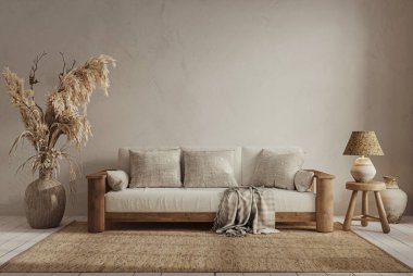 Wabi Sabi tarzı iç dekorasyon. Arka planda kireç boyası var. Duvar maketi, 3D görüntüleme 