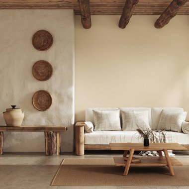Sıcak wabi sabi tarzı iç dekorasyon, bej duvarlar ve etnik ev mobilyaları. Duvar maketi, 3D görüntüleme  