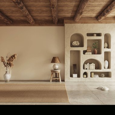 Ilık wabi sabi tarzı iç döşeme kil oyuğu, bej duvarlar ve etnik ev dekorasyonu. Duvar maketi, 3D görüntüleme 