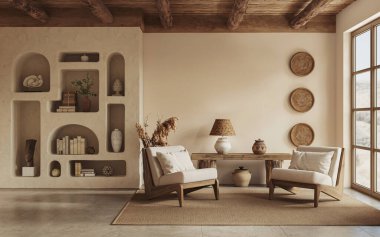 Ilık wabi sabi tarzı iç döşeme kil oyuğu, bej duvarlar ve etnik ev dekorasyonu. Duvar maketi, 3D görüntüleme 