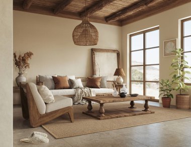 Ilık wabi sabi tarzı iç döşeme kil oyuğu, bej duvarlar ve etnik ev dekorasyonu. Duvar maketi, 3D görüntüleme 