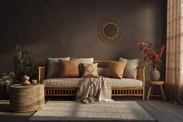 Dark Wabi Sabi Style Interior Copy Space Limewash Wall Background — Stock Photo, Image