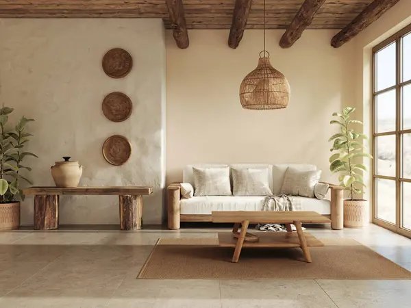 Warm Wabi Sabi Style Interior Beige Walls Ethnic Home Furniture — Stock Photo, Image