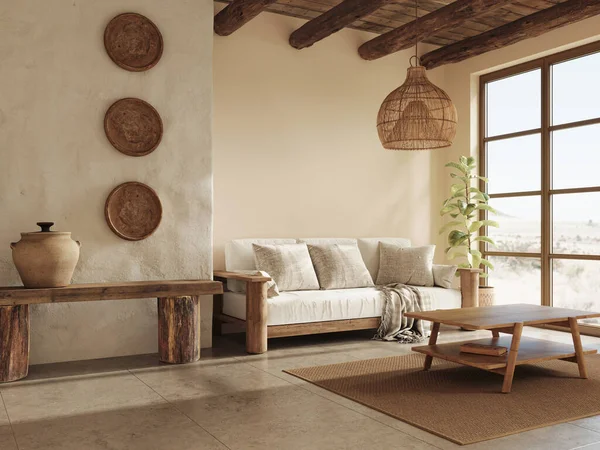 Warm wabi sabi style interior with beige walls and ethnic home furniture. Wall mockup, 3d rendering