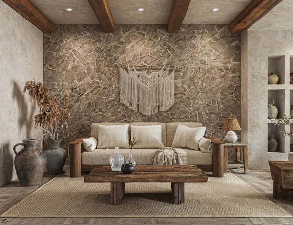 Warm Wabi Sabi Style Interior Stone Wall Cozy Wood Furniture — Stock Photo, Image
