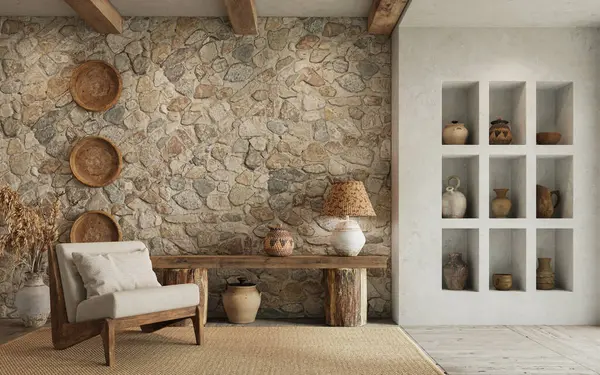 Warm Wabi Sabi Style Interior Stone Wall Cozy Wood Furniture — Stock Photo, Image