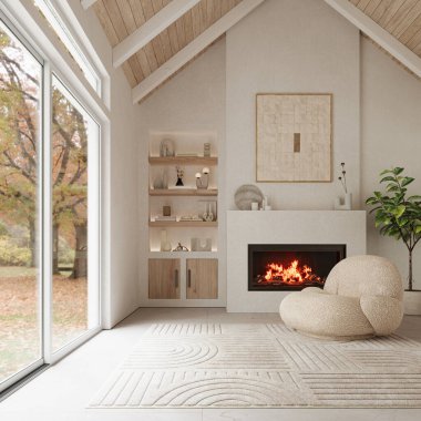 Şömineli modern oturma odası, güzel mobilyalar ve kiriş tavanı, 3 boyutlu döşeme. 