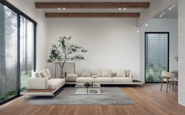 Modern tasarım, rahat oturma odasının iç tasarımı, 3D görüntüleme