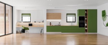 Açık alan oturma odası ve mutfak içi ahşap ve yeşil mobilya kombinasyonuyla dolu. Modern tasarım çözümü, 3d görüntüleme