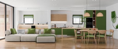 Açık alan oturma odası ve mutfak içi ahşap ve yeşil mobilya kombinasyonuyla dolu. Modern tasarım çözümü, 3d görüntüleme