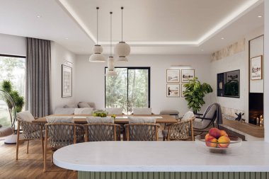 Geniş pencereli, televizyon duvarı, gri kanepe, yemek masası ve ahşap döşemesi olan açık bir oturma odası ve mutfak. Modern tasarım çözümü, 3d görüntüleme