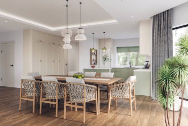 Geniş pencereli, televizyon duvarı, gri kanepe, yemek masası ve ahşap döşemesi olan açık bir oturma odası ve mutfak. Modern tasarım çözümü, 3d görüntüleme