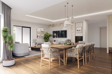 Geniş pencereli, televizyon duvarı, gri kanepe, yemek masası ve ahşap döşemesi olan açık bir oturma odası ve mutfak. Modern tasarım çözümü, 3d görüntüleme