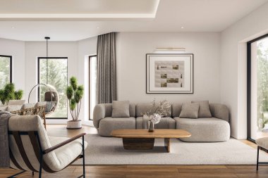 Geniş pencereli, televizyon duvarı, gri kanepe, yemek masası ve ahşap döşemesi olan açık bir oturma odası ve mutfak. Modern tasarım çözümü, 3d görüntüleme