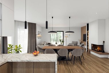 Geniş pencereli, televizyon duvarı, gri kanepe, yemek masası ve ahşap döşemesi olan açık bir oturma odası ve mutfak. Modern tasarım çözümü, 3d görüntüleme