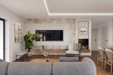 Geniş pencereli, televizyon duvarı, gri kanepe, yemek masası ve ahşap döşemesi olan açık bir oturma odası ve mutfak. Modern tasarım çözümü, 3d görüntüleme