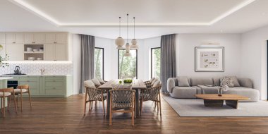 Geniş pencereli, televizyon duvarı, gri kanepe, yemek masası ve ahşap döşemesi olan açık bir oturma odası ve mutfak. Modern tasarım çözümü, 3d görüntüleme