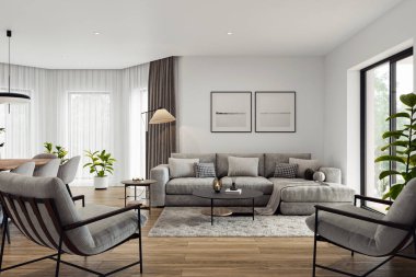 Geniş pencereli, televizyon duvarı, gri kanepe, yemek masası ve ahşap döşemesi olan açık bir oturma odası ve mutfak. Modern tasarım çözümü, 3d görüntüleme