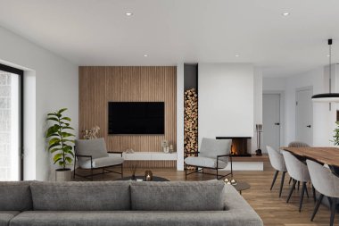 Geniş pencereli, televizyon duvarı, gri kanepe, yemek masası ve ahşap döşemesi olan açık bir oturma odası ve mutfak. Modern tasarım çözümü, 3d görüntüleme