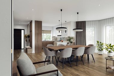 Geniş pencereli, televizyon duvarı, gri kanepe, yemek masası ve ahşap döşemesi olan açık bir oturma odası ve mutfak. Modern tasarım çözümü, 3d görüntüleme