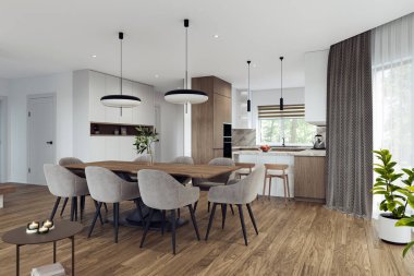 Geniş pencereli, televizyon duvarı, gri kanepe, yemek masası ve ahşap döşemesi olan açık bir oturma odası ve mutfak. Modern tasarım çözümü, 3d görüntüleme