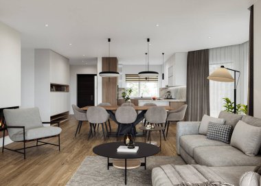 Geniş pencereli, televizyon duvarı, gri kanepe, yemek masası ve ahşap döşemesi olan açık bir oturma odası ve mutfak. Modern tasarım çözümü, 3d görüntüleme