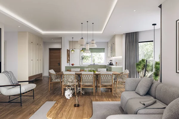 Geniş pencereli, televizyon duvarı, gri kanepe, yemek masası ve ahşap döşemesi olan açık bir oturma odası ve mutfak. Modern tasarım çözümü, 3d görüntüleme