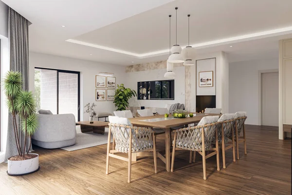 Geniş pencereli, televizyon duvarı, gri kanepe, yemek masası ve ahşap döşemesi olan açık bir oturma odası ve mutfak. Modern tasarım çözümü, 3d görüntüleme