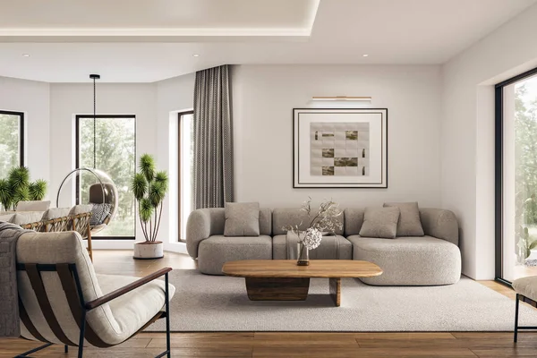 Geniş pencereli, televizyon duvarı, gri kanepe, yemek masası ve ahşap döşemesi olan açık bir oturma odası ve mutfak. Modern tasarım çözümü, 3d görüntüleme