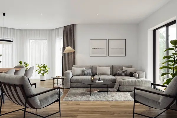 Geniş pencereli, televizyon duvarı, gri kanepe, yemek masası ve ahşap döşemesi olan açık bir oturma odası ve mutfak. Modern tasarım çözümü, 3d görüntüleme