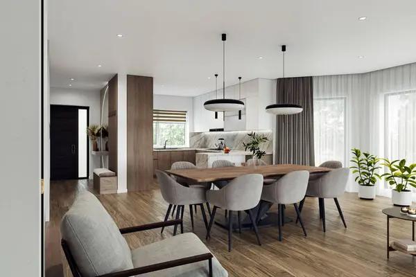 Geniş pencereli, televizyon duvarı, gri kanepe, yemek masası ve ahşap döşemesi olan açık bir oturma odası ve mutfak. Modern tasarım çözümü, 3d görüntüleme