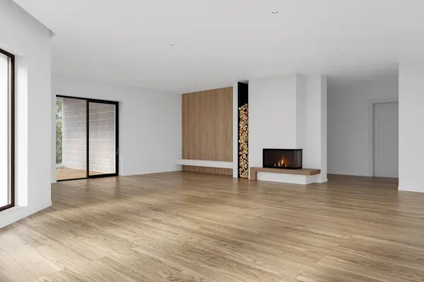 Empty Open space living room and kitchen interior with hardwood flooring and white walls, 3d rendering