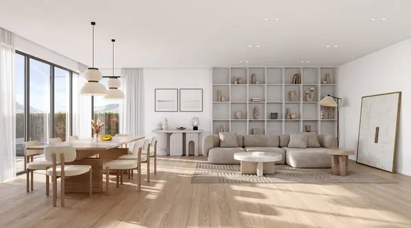 Interior of bright living room with windows and modern furniture. White walls and hardwood flooring, 3D rendering