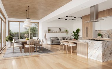 Geniş pencereli, gri kanepeli, yemek masalı ve ahşap döşemeli açık bir oturma odası ve mutfak. Modern tasarım çözümü, 3d görüntüleme