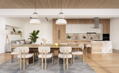 Geniş pencereli, gri kanepeli, yemek masalı ve ahşap döşemeli açık bir oturma odası ve mutfak. Modern tasarım çözümü, 3d görüntüleme