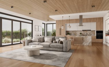 Geniş pencereli, gri kanepeli, yemek masalı ve ahşap döşemeli açık bir oturma odası ve mutfak. Modern tasarım çözümü, 3d görüntüleme