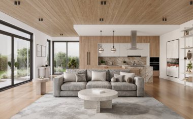 Geniş pencereli, gri kanepeli, yemek masalı ve ahşap döşemeli açık bir oturma odası ve mutfak. Modern tasarım çözümü, 3d görüntüleme