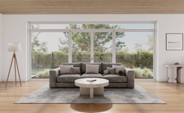 Geniş pencereli, gri kanepeli, yemek masalı ve ahşap döşemeli açık bir oturma odası ve mutfak. Modern tasarım çözümü, 3d görüntüleme