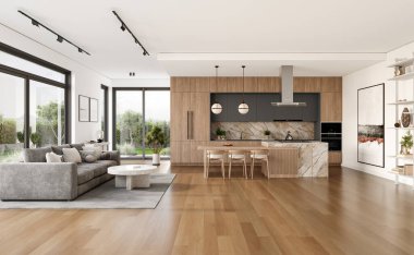 Geniş pencereli, gri kanepeli, yemek masalı ve ahşap döşemeli açık bir oturma odası ve mutfak. Modern tasarım çözümü, 3d görüntüleme