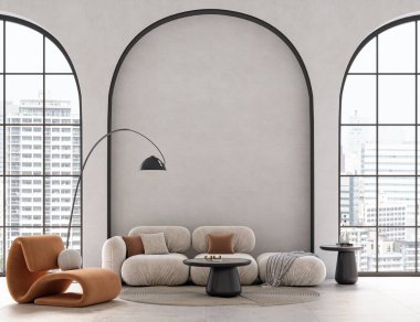 Minimalist iç tasarım ve geniş kemerli pencereler. Duvar modelleme konsepti, 3D düzenleme 