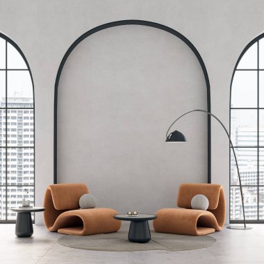 Minimalist iç tasarım ve geniş kemerli pencereler. Duvar modelleme konsepti, 3D düzenleme 