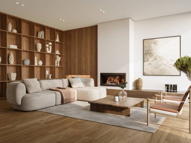 Minimalist oturma odası modern şöminesi ve beyaz duvarları var. İç modelleme, 3D canlandırma
