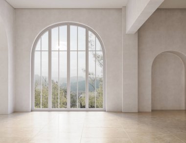 Minimalist iç tasarım ve geniş kemerli pencereler. Duvar modelleme konsepti, 3D düzenleme 