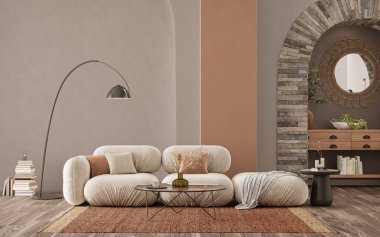 Evin içi pastel renklerle kaplı, kemer duvarı zemininde ahşap döşemeler var.