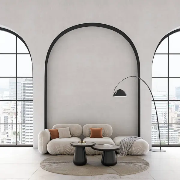 stock image Minimalist interior design with large arch windows. Wall mockup concept, 3d render 