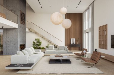 Geniş pencereli, televizyon duvarı, gri kanepesi, şöminesi ve merdivenleri olan açık bir oturma odası ve mutfak. Modern tasarım çözümü, 3d görüntüleme