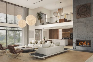 Geniş pencereli, televizyon duvarı, gri kanepesi, şöminesi ve merdivenleri olan açık bir oturma odası ve mutfak. Modern tasarım çözümü, 3d görüntüleme